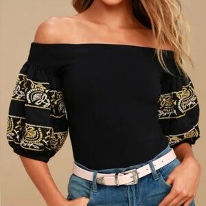 Free People Off Shoulder Puff Sleeve Top- Black